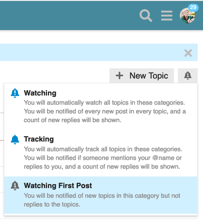 screenshot of the discourse notifications dropdown menu (the bell icon), with "Watching First Post" selected