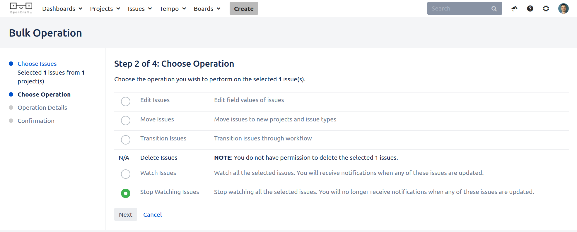 screenshot of Jira, showing step 2 of 4 of the bulk change tool, with "Stop Watching Issues" selected