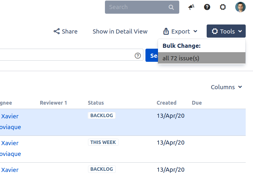 screenshot of Jira, the "Tools" menu dropdown with the "Bulk Change" menu item